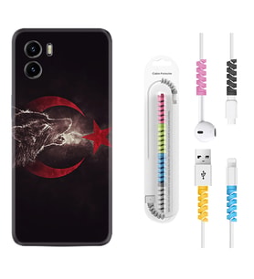Vivo Y15S Y32 Y33S Y51 Y53S Kılıf Kablo Koruma Spiral Silikon Kurt ve Ay Yıldız 1403