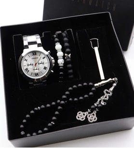 Gümüş Rengi Metal Erkek Kol Saati, Bar Kolye ve Aksesuar Seti