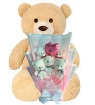 Premium 90 cm Peluş Ayı ve Kalp Balonlu Romantik Pembe Peluş Ayıcık Buketi (Bej)