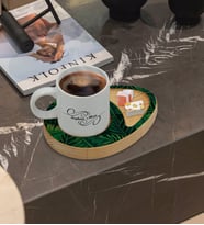 BK Gift Kişiye Özel Yapraklar Tasarımlı Doğal Ahşap Tabaklı Türk Kahvesi Fincanı Sunum Seti Model 10