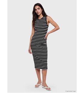 LCW Vision Siyah Bisiklet Yaka Çizgili Bodycon Elbise