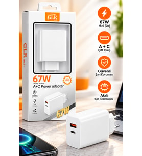 67W USB-A ve Type-C Çift Çıkışlı Hızlı Şarj Adaptörü Kablolu Beyaz