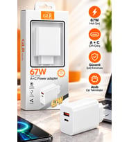 67W USB-A ve Type-C Çift Çıkışlı Hızlı Şarj Adaptörü Kablolu Beyaz