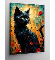 Kanvas Tablo Siyah Kedi Ve Çiçekler