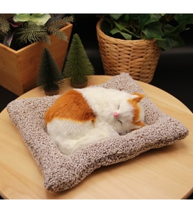 Minderde Uyuyan Sesli Peluş Kedi Cat  Büyük Boy 22cmx25cm - Sarı Beyaz Kedi