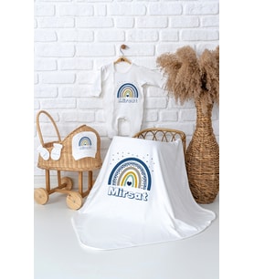 Pia Baby Premium  %100 Pamuk İsme Özel Erkek Bebek Hastane Çıkışı Tulumlu Bebek Hediye Seti 5091-05 (Ekru)
