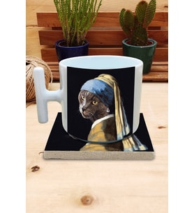 Kediler ve Sanat/Johannes Vermeer İnci Küpeli Kız Set 9 - T Kulplu Fincan Kupa-Taş Bardak Altlığı 1