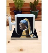 Kediler ve Sanat/Johannes Vermeer İnci Küpeli Kız Set 9 - T Kulplu Fincan Kupa-Taş Bardak Altlığı 1