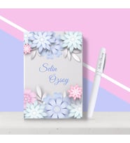 BK Gift Kişiye Özel Çiçek Desenli Beyaz Defter Kalem Seti-5