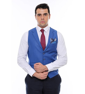 Mavi Yakalı Desensiz Erkek Yelek - Wessi