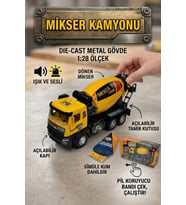 1:28 Ölçek Die-Cast Metal Mikser Kamyonu Sesli Işıklı + Simüle Kum Hediyeli