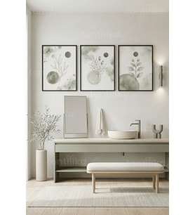 Yeşil Tonlarda Soyut Bitki ve Geometrik Desenli Modern 3’lü Ahşap Çerçeveli Tablo Seti