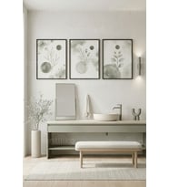 Yeşil Tonlarda Soyut Bitki ve Geometrik Desenli Modern 3’lü Ahşap Çerçeveli Tablo Seti