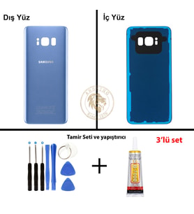 Samsung Galaxy S8 Mavi Renk Arka Kapak + Tamir Seti + B7000 Yapıştırıcı Arka Cam Batarya Kapağı Pil Kapağı Lazer Kesim Back Cover Galaxy S8 Uyumlu