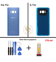 Samsung Galaxy S8 Mavi Renk Arka Kapak + Tamir Seti + B7000 Yapıştırıcı Arka Cam Batarya Kapağı Pil Kapağı Lazer Kesim Back Cover Galaxy S8 Uyumlu