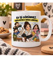 Ev İşi Görünmez Yapılmayınca Herkes Görür Esprili Ev Hanımı Baskılı Kupa