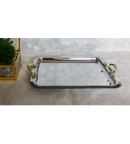 Shm Gümüş Metal Dikdörtgen 23x16cm Gold Kulplu Sunum Tepsisi MNR-108