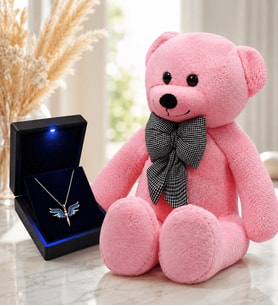 Işıklı Kutuda 925 Ayar Gümüş Zirkon Taşlı Mikail Meleği Kolye ve 80 cm Pembe Peluş Ayıcık Hediye