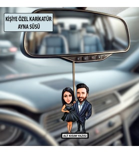 2 Kişilik Sevgili Evli Karikatürlü Kişiye Özel Karikatürlü 10 cm MDF Araç Dikiz Aynası Süsü - Sevgiliye ve Eşe Hediye Çiftlere Özel Hediye