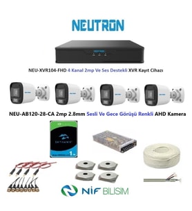 Neutron 2mp 4 kameralı Gece Renkli Sesli Dış ortam AHD Full Kamera Seti 1TB Disk NEU-AB120-28-CA
