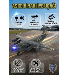 Metal Alaşım Işıklı Sesli Çek Bırak Askeri Kargo Uçağı - 22 cm Büyük Boy Model Uçak