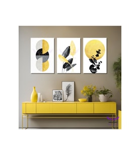 3'Lü Kanvas Tablo Seti Sarı Siyah Modern Soyut Desenler ve Yapraklar
