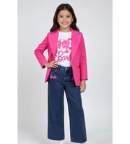 Kız Çocuk Bebek ve Yazı Detaylı T-Shirt Kurdela Düğme Detaylı Blazer Ceket Alt Ü (Pembe)
