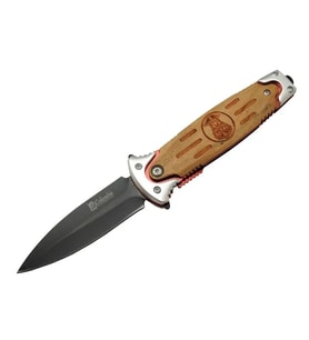 Fs 11031 Kahverengi Kamp Çakı 20cm- Police İşlemeli, Ahşap Sap, Kemerlikli, Cam Kırma Aparatlı