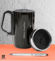 Kişiye Özel Siyah Renk Çelik Bardak Termos & Beyaz Metal Touch Pen Roller Kalem Hediye Seti GDTK-909104