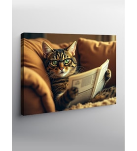 Kanvas Tablo Gazete Okuyan Kedi Figürü