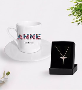 Kişiye Özel  Türk Kahve Fincanı Anne Ve İsim Tasarımlı Melek Kolye Set