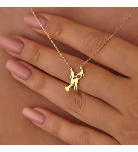 Kişiye Özel Cadılar Bayramı Temalı Cadı ve Kedi Kolye 925K Gümüş (Gold)