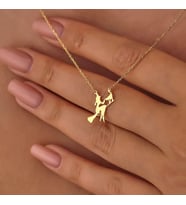 Kişiye Özel Cadılar Bayramı Temalı Cadı ve Kedi Kolye 925K Gümüş (Gold)