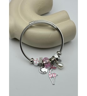 Çelik Silver Taşlı Pembe Geyik Charmlı Pandora Bileklik - 26blk64