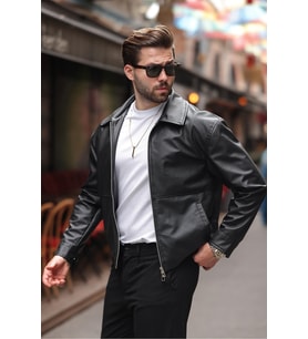 Erkek Yeni Sezon Premium Çift Fermuarlı Oversize Deri Ceket (Siyah)