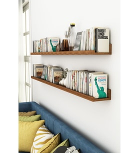 Açık Ceviz Ahşap 2Li 120cm Çam 15 cm Derinlik Büyük Resim Çerçeve Rafı Duvar Kitaplık