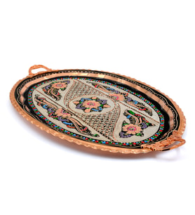 23x34 Cm Oval, Işlemeli, Pirinç Saplı Kalın Bakır Çay Ve Kahve Sunum, Servis Tepsisi