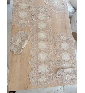 Salon Takımı Çeyizlik Krem Runner Set 5 Parça Keten Ranır Masa Konsol Sehpa Örtüsü Orkide