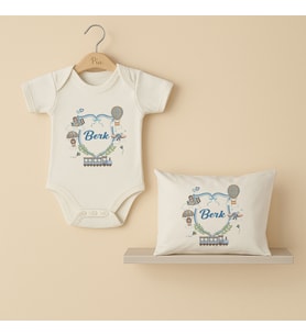 Pia Baby Premium %100 Pamuk İsme Özel Organik Baskılı Çıtçıtlı Bebek Body Ve Yastık Kılıfı 5019-19 (Ekru)