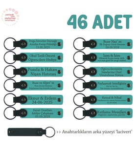 Rehberlik Öğretmeninden Hediye 46'lı Set Kişiselleştirilebilir Deri Anahtarlık, Koyu Turkuaz & Laci