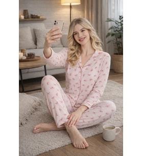 Kadın 2043-5 Önü Düğmeli Uzun Kol Likralı Bambu Pijama Takımı