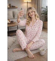 Kadın 2043-5 Önü Düğmeli Uzun Kol Likralı Bambu Pijama Takımı