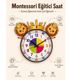 Sevimli Aslan Kral Montessori Çocuk Odası Eğitici Ahşap Duvar Saati - Sessiz Mekanizma, Şık Tasarım