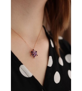 925 Gümüş  Mor Taşlı Rose Kaplama Lotus Çiçeği Kolye