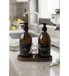 Amber Şişe Sabunluk Cam İkili Sıvı Sabun-Bulaşık Deterjanı Mutfak Düzenleyici Lüks Gümüş Geyik Ahşap Stand 500ml
