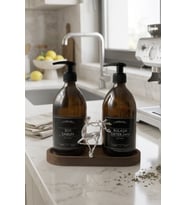 Amber Şişe Sabunluk Cam İkili Sıvı Sabun-Bulaşık Deterjanı Mutfak Düzenleyici Lüks Gümüş Geyik Ahşap Stand 500ml