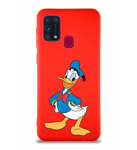 Samsung Galaxy M31 Soft Premier Kapak Donald Duck-C Tasarımlı Silikon Kılıf - Kırmızı (Şeffaf)
