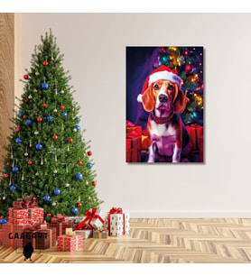 Tekli Dikey Kanvas Duvar Tablosu Yılbaşı Hediyesi Noel Baba Kostümlü Beagle