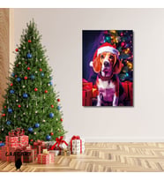 Tekli Dikey Kanvas Duvar Tablosu Yılbaşı Hediyesi Noel Baba Kostümlü Beagle