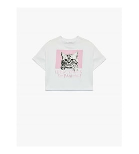 Koton Kedi Baskılı Ekru Kız Çocuk T-Shirt 6SKG10105AK